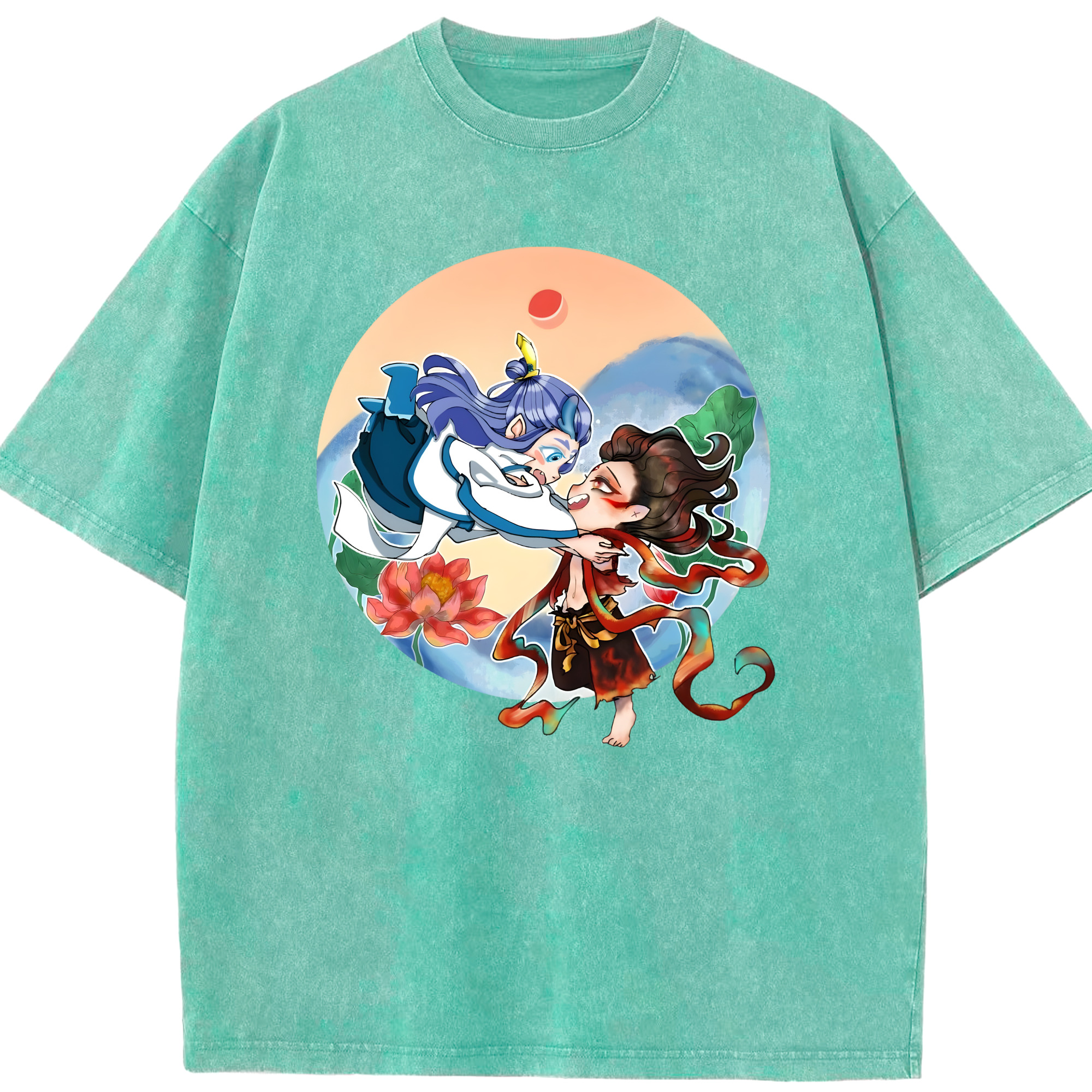 （画像用） Ne Zha 2 ナタ 魔童の大暴れ 綿100% ヴィンテージ風 半袖Tシャツ（フロントプリント）